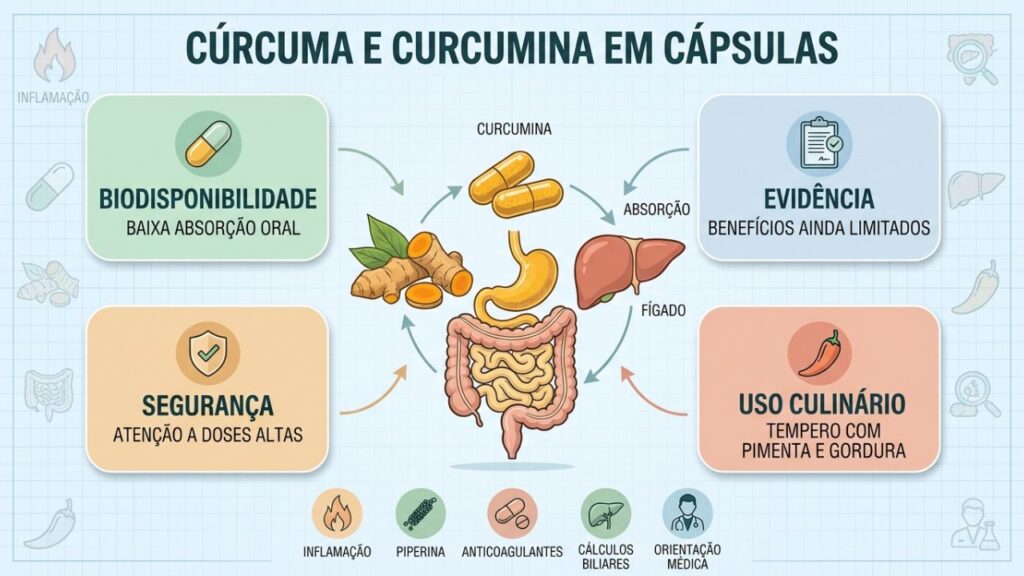 Biodisponibilidade, evidência e segurança orientam o uso da curcumina.