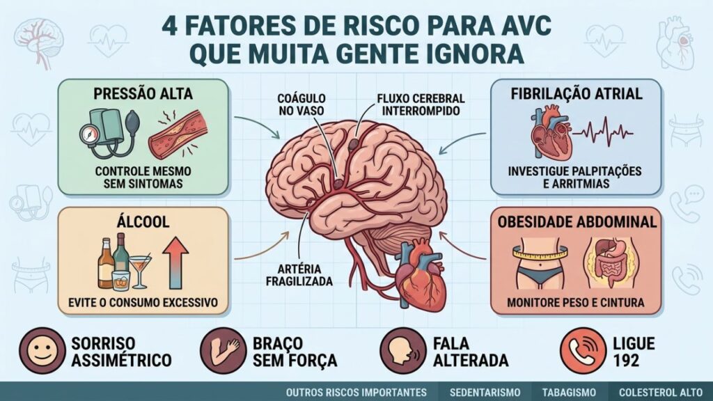 Pressão, arritmia, álcool e gordura abdominal elevam conjuntamente o risco de AVC.