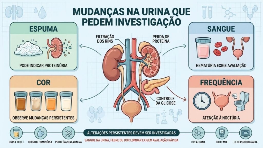 Espuma, sangue, cor e frequência urinária podem revelar alterações renais ou metabólicas.