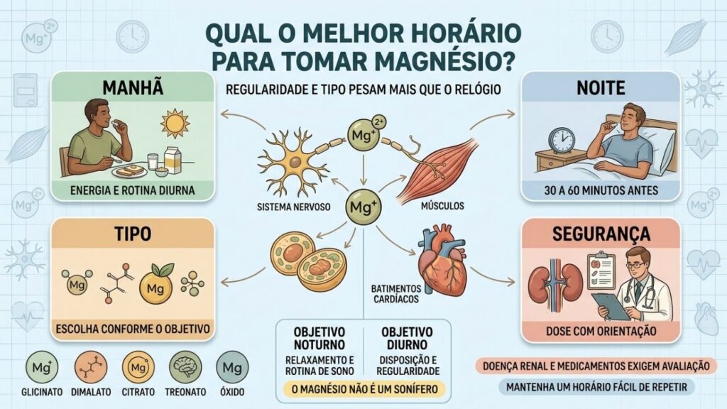Horário, objetivo, tipo e segurança orientam o uso diário de magnésio.