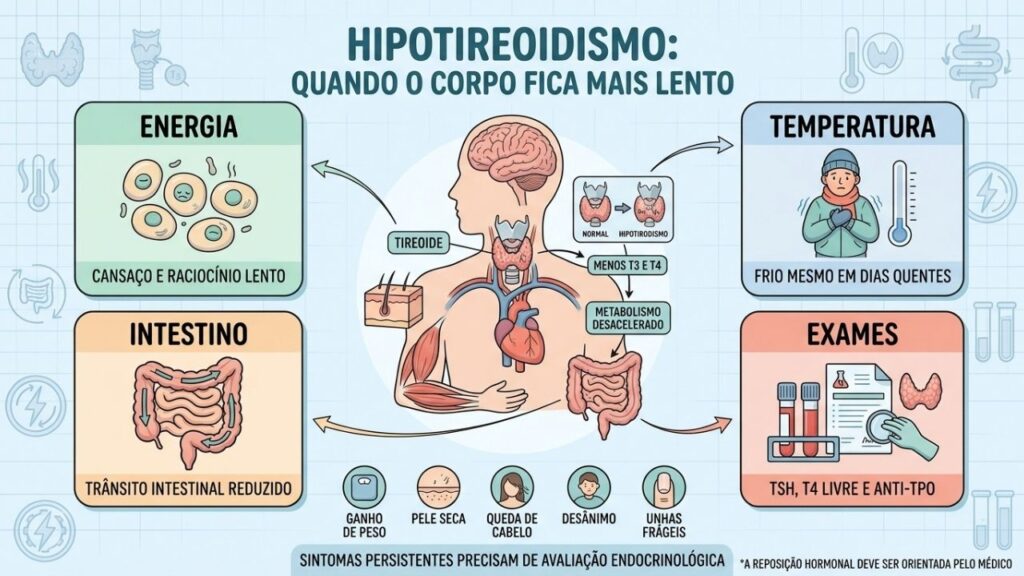 Energia, temperatura, intestino e exames ajudam a reconhecer o hipotireoidismo.