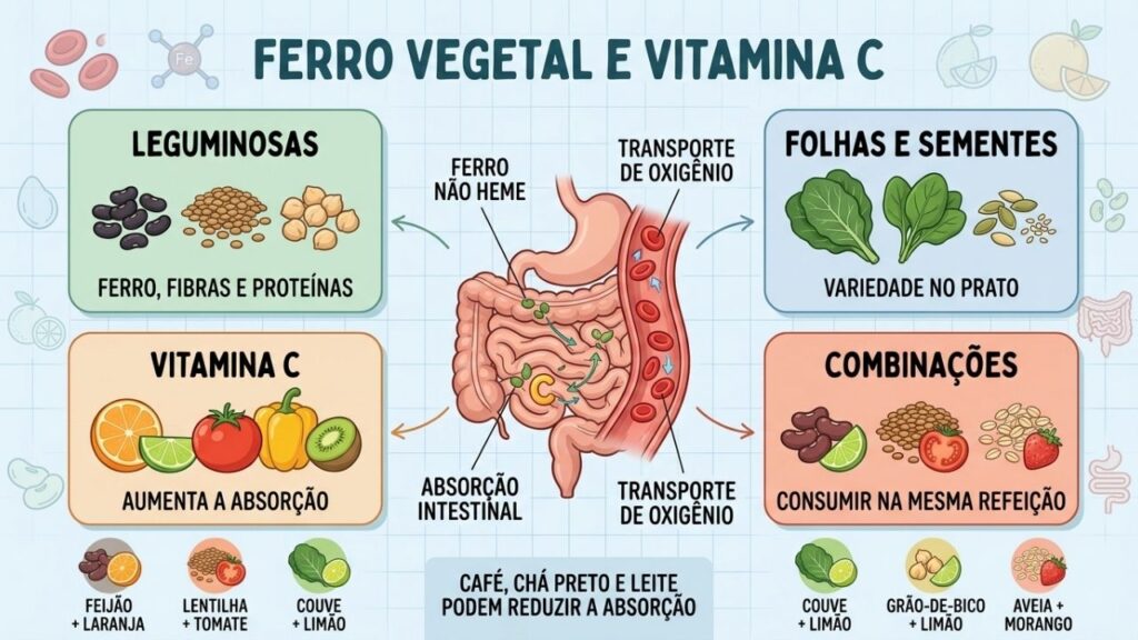 Leguminosas, folhas, vitamina C e boas combinações favorecem o ferro vegetal.