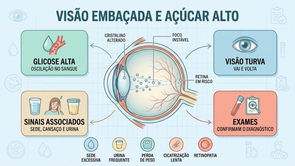 Infográfico relaciona glicose alta, visão turva, sintomas e exames essenciais.