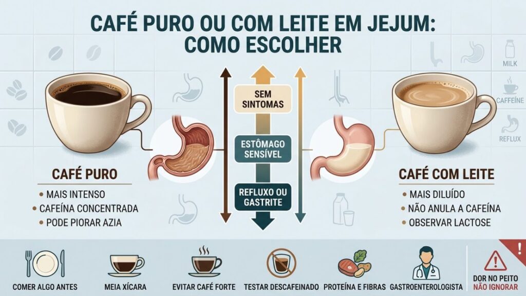 Sintomas, cafeína, leite e rotina definem a melhor escolha em jejum.