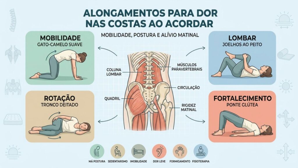 Mobilidade, lombar, rotação e fortalecimento guiam a rotina matinal.