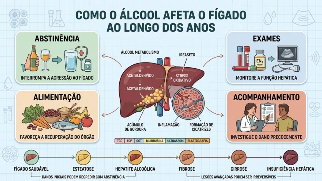 Abstinência, exames, alimentação e acompanhamento ajudam a interromper a progressão hepática.