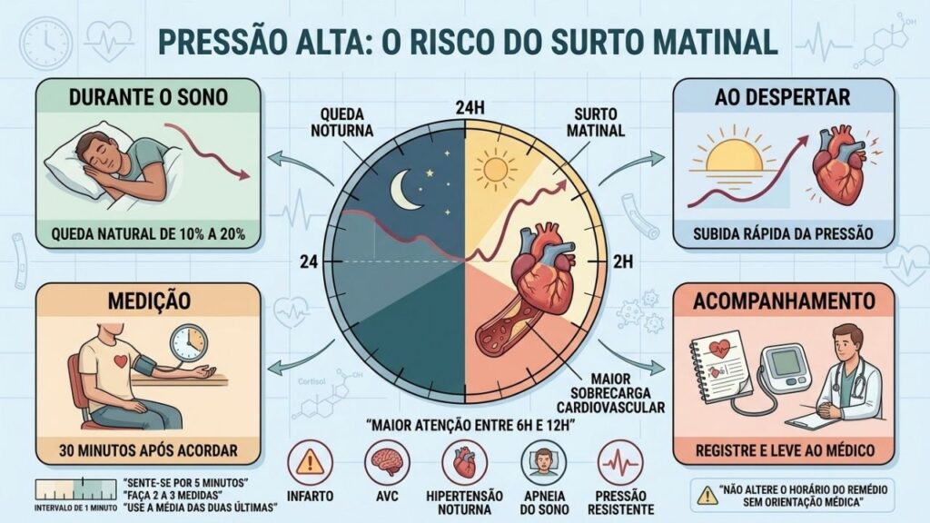 Sono, despertar, medição correta e acompanhamento explicam o risco matinal.