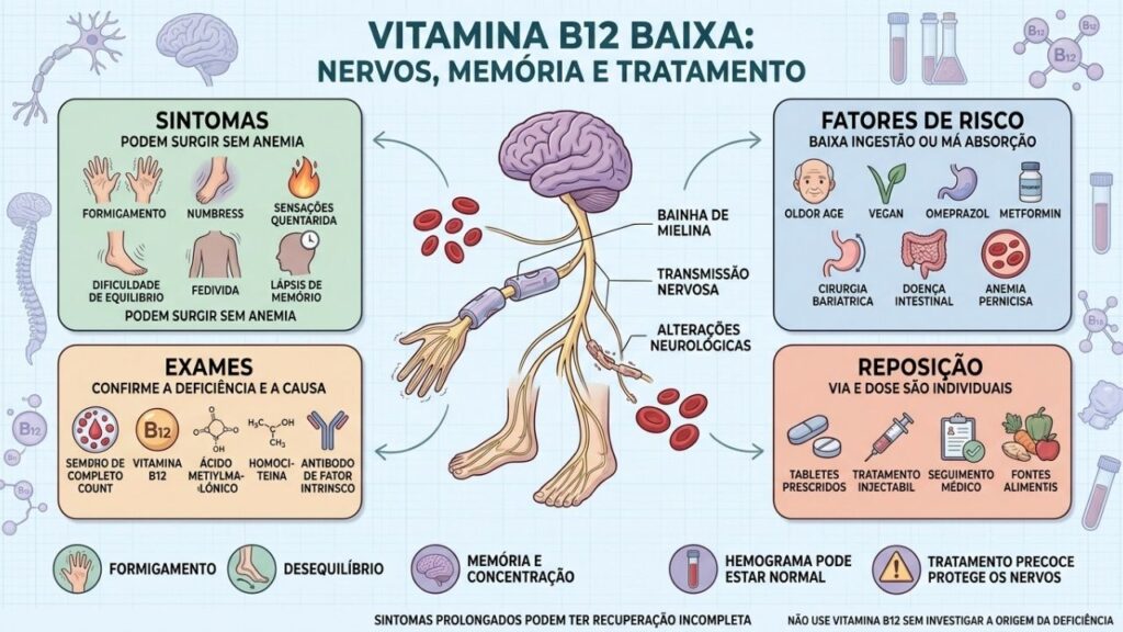 Sintomas, riscos, exames e reposição orientam o cuidado na deficiência de B12.