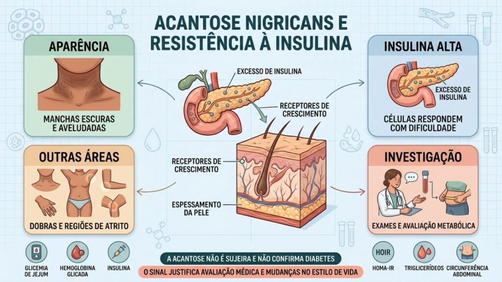 Pele, insulina, exames e hábitos orientam a investigação da acantose nigricans.