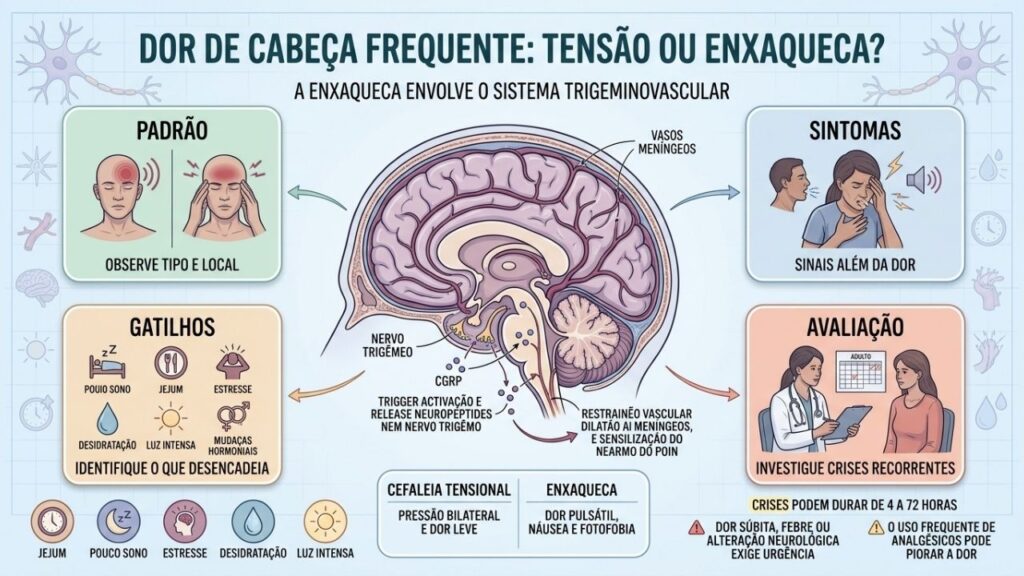Padrão, sintomas, gatilhos e avaliação ajudam a reconhecer a enxaqueca.