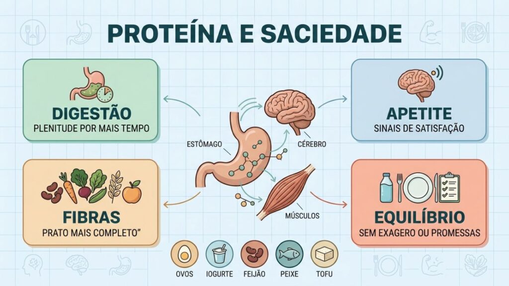 Digestão, apetite, fibras e equilíbrio explicam a saciedade da proteína.