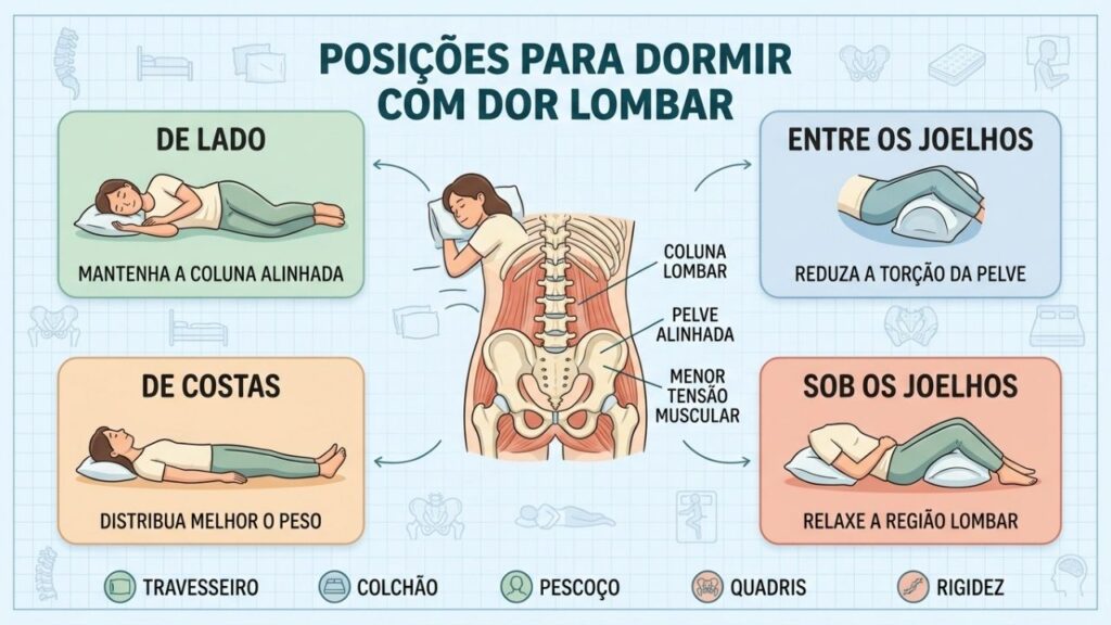 Apoios corretos mantêm coluna, pelve e pescoço alinhados durante o sono.