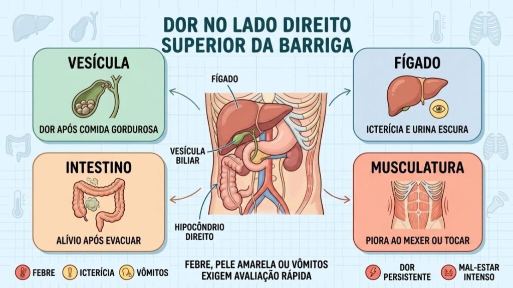 Vesícula, fígado, intestino e musculatura podem causar dor nessa região.