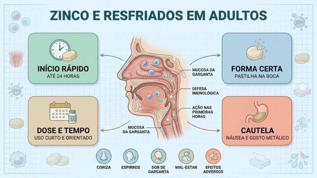 Infográfico resume início, forma, dose e cautelas no uso do zinco.