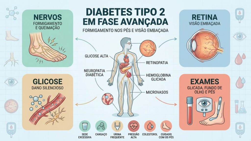 Glicose alta afeta nervos, retina e exige exames regulares.