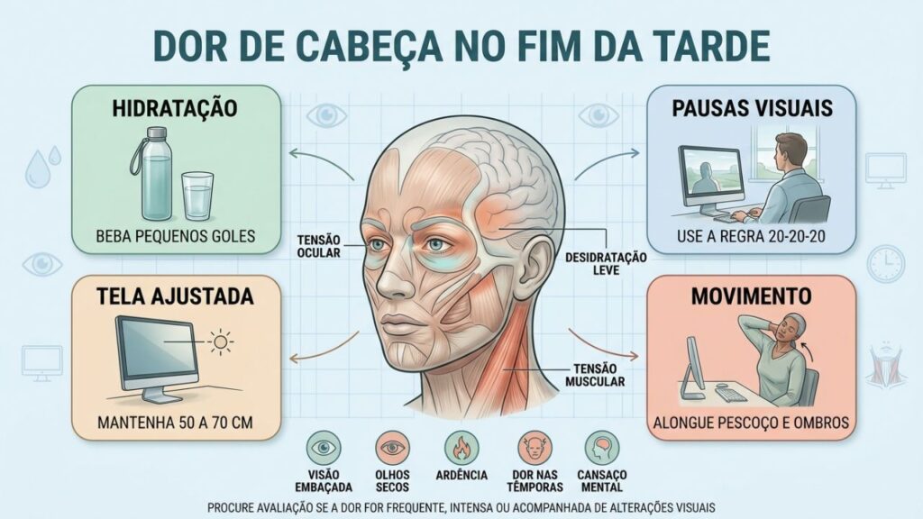 Hidratação, pausas visuais, tela ajustada e alongamentos ajudam a prevenir cefaleia.