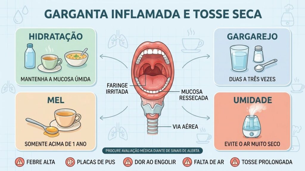 Hidratação, gargarejo, mel e umidade formam quatro cuidados caseiros essenciais.