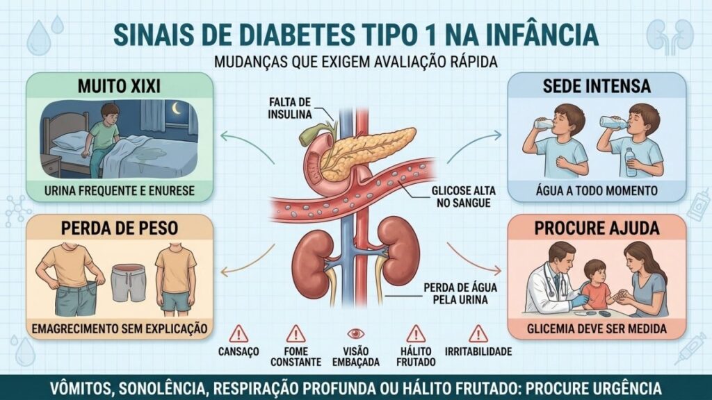 Urinação excessiva, sede, emagrecimento e cansaço formam o principal alerta infantil.