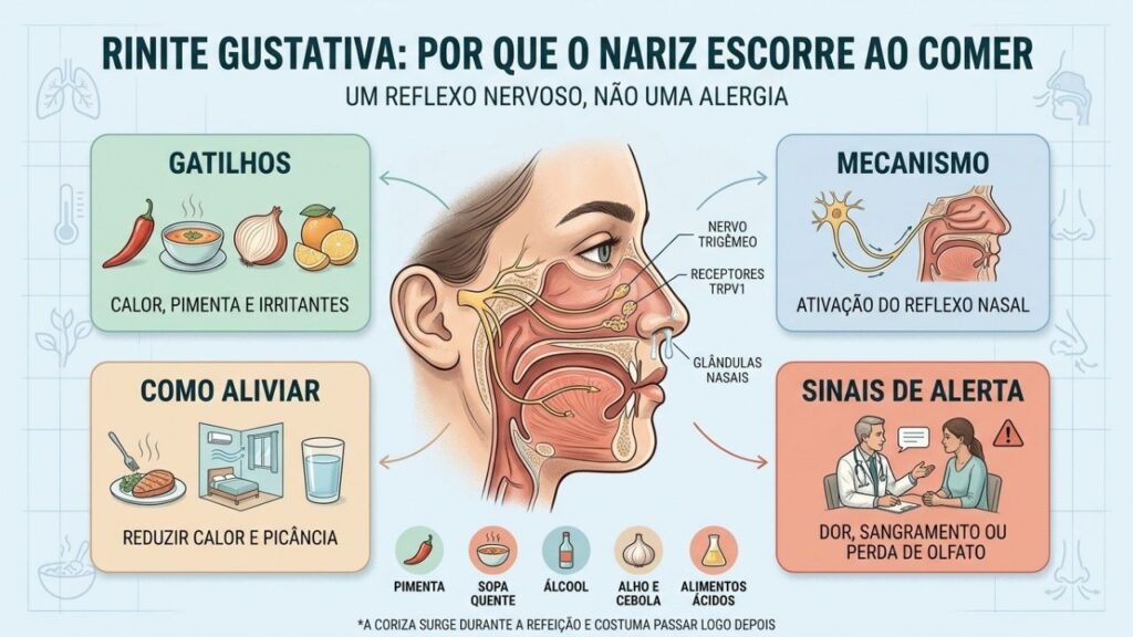 Gatilhos, mecanismo, alívio e sinais de alerta da rinite gustativa.