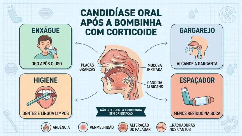 Enxágue, gargarejo, higiene bucal e espaçador reduzem o risco de candidíase.