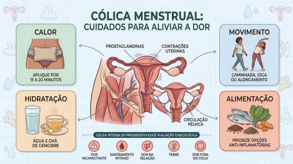 Calor, movimento, hidratação e alimentação ajudam no controle da cólica menstrual.