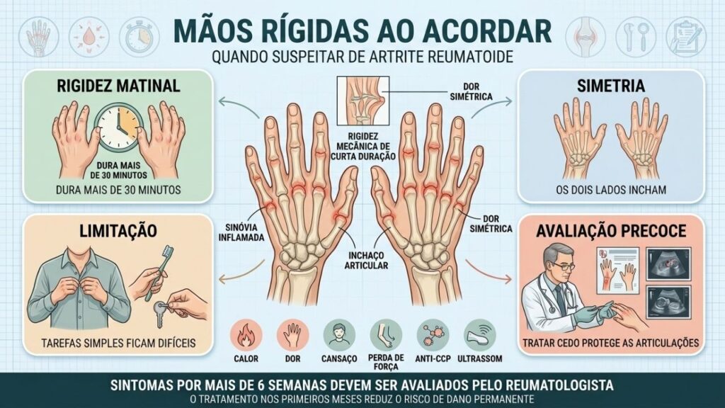 Rigidez, simetria, limitação e avaliação precoce orientam a suspeita de artrite.