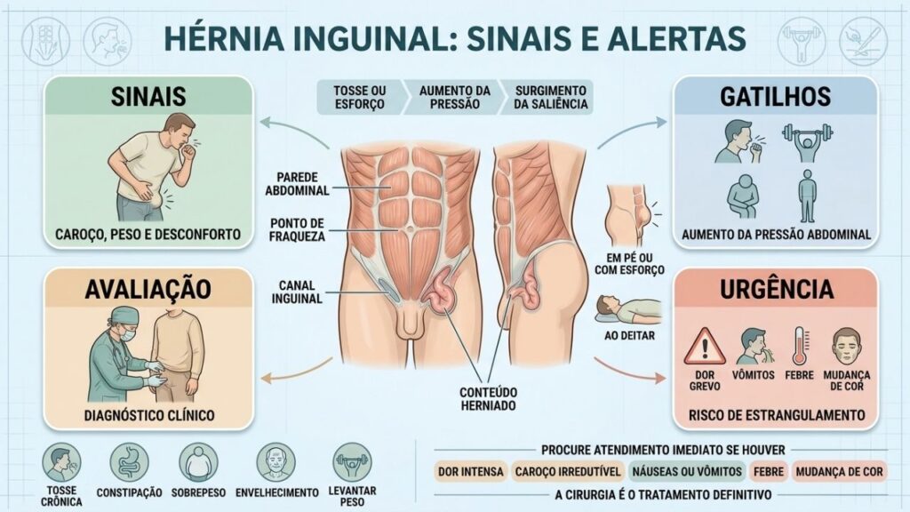 Esforço e tosse podem revelar alterações na parede abdominal inferior.