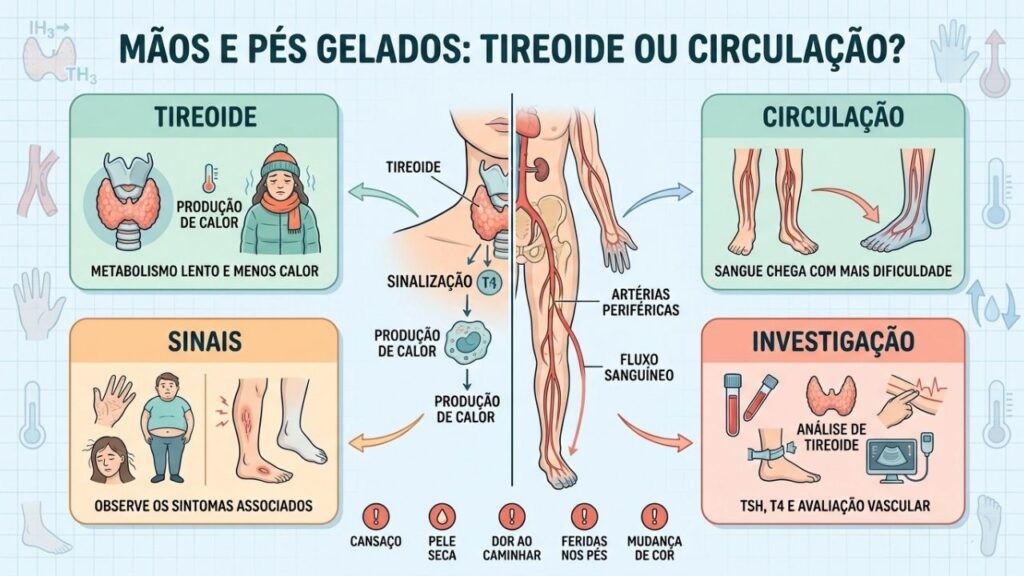 Sintomas, exames e mecanismos diferenciam hipotireoidismo de má circulação periférica.