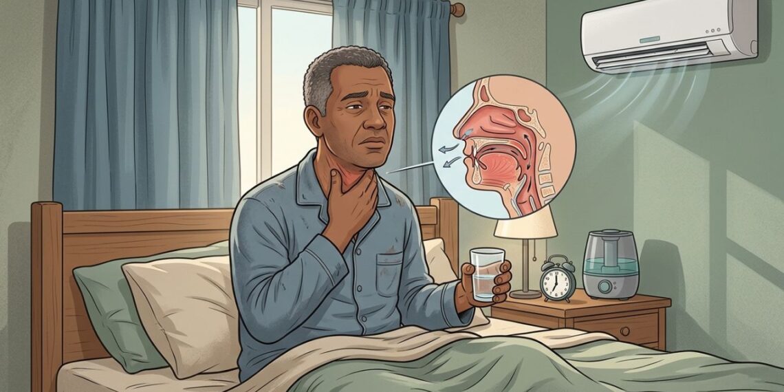 Sentir a garganta irritada ao acordar com frequência pode ser um dos primeiros sinais de refluxo silencioso ou ar seco no quarto durante a noite