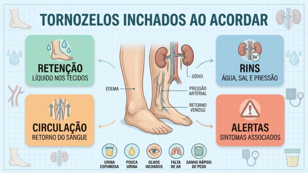 Infográfico reúne sinais que ajudam a investigar tornozelos inchados pela manhã.
