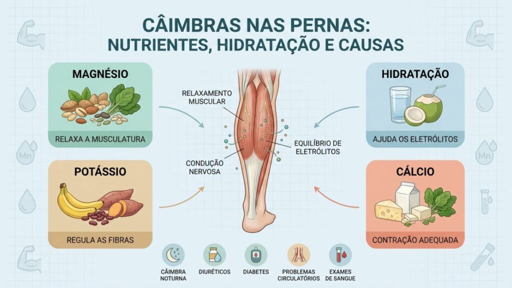 Nutrientes, hidratação e causas clínicas explicam câimbras frequentes nas pernas.