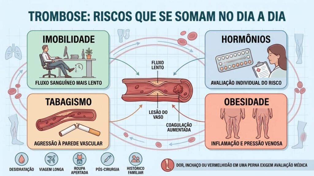 Imobilidade, hormônios, tabagismo e obesidade elevam juntos o risco de trombose.
