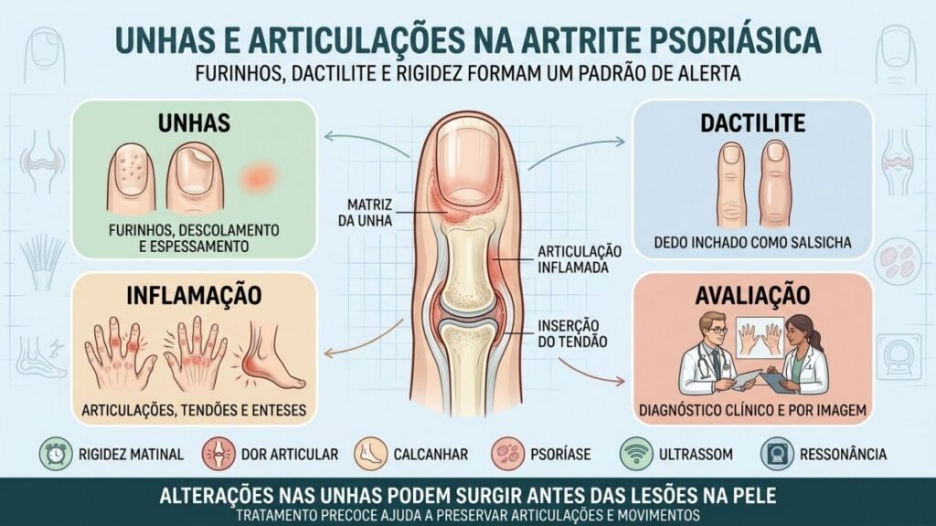 Unhas, dactilite, inflamação e avaliação ajudam a reconhecer artrite psoriásica.