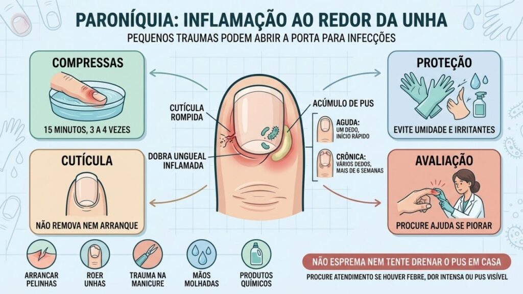 Compressas, proteção, preservação da cutícula e avaliação médica controlam a paroníquia.