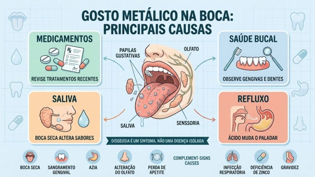 Medicamentos, saúde bucal, saliva e refluxo orientam a investigação da disgeusia.