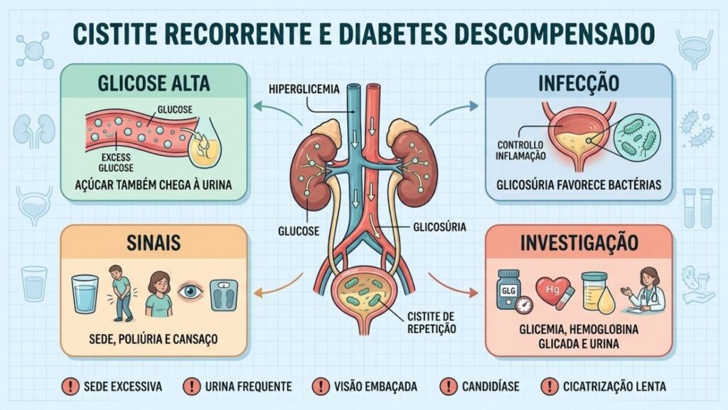 Hiperglicemia, glicosúria, sintomas associados e exames explicam a cistite recorrente.
