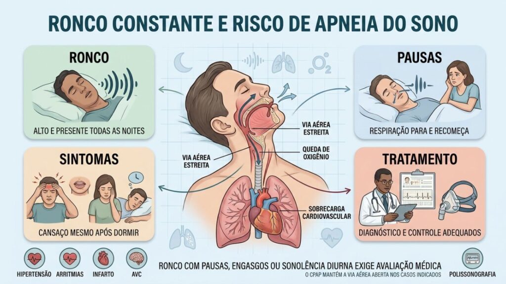 Ronco, pausas respiratórias, sintomas diurnos e exames orientam o diagnóstico da apneia.
