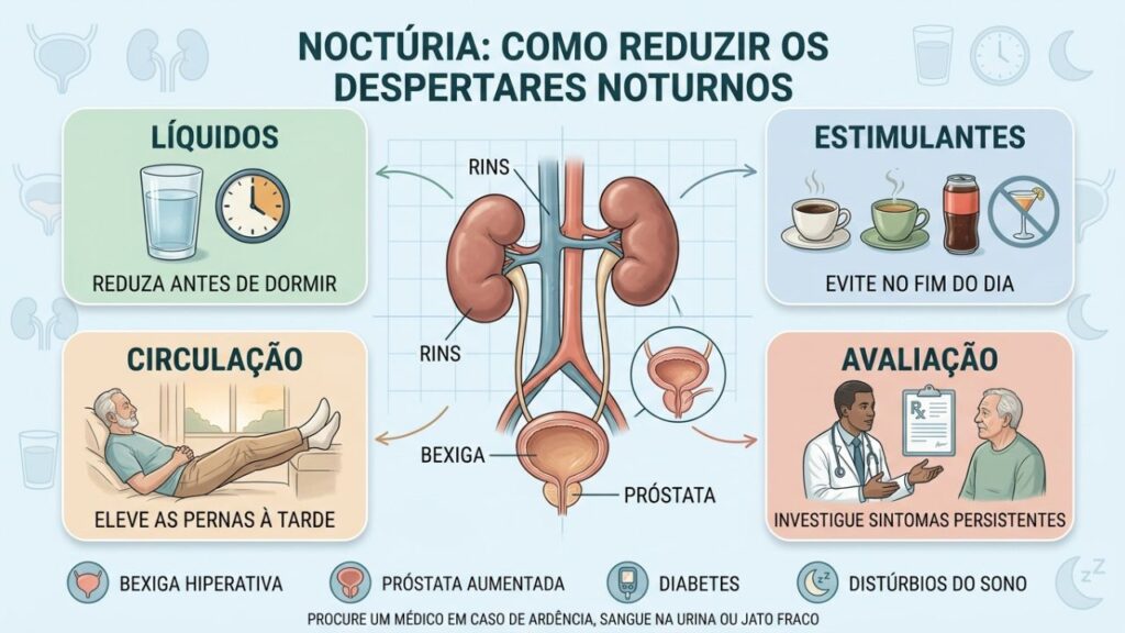 Líquidos, estimulantes, circulação e avaliação médica ajudam a controlar a noctúria.