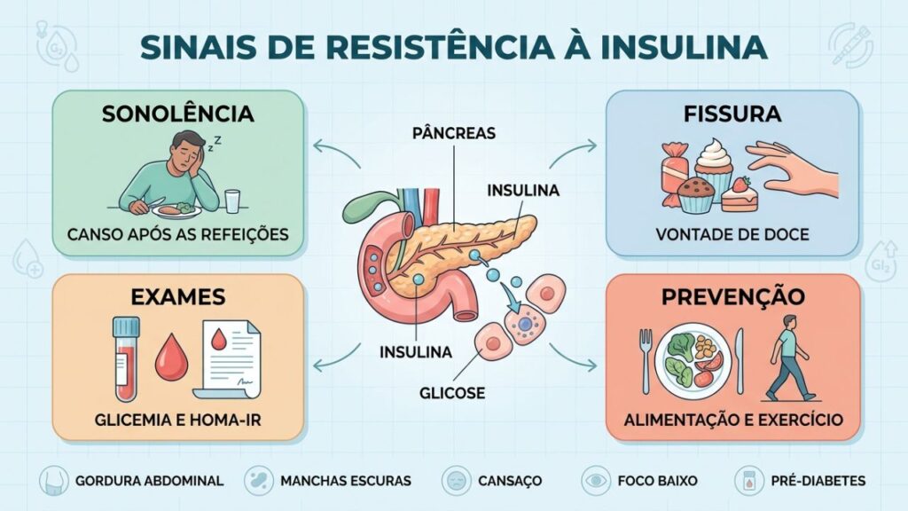 Infográfico reúne sintomas, exames e medidas para controlar a resistência à insulina.