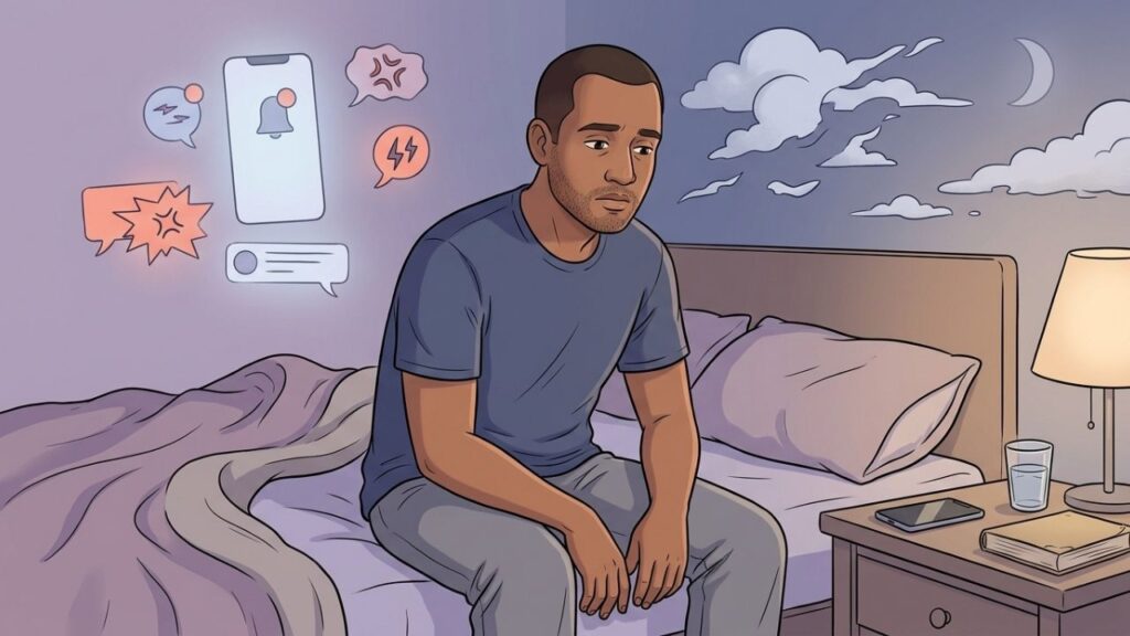 Conteúdos intensos antes de dormir favorecem ansiedade, irritabilidade e sono fragmentado.
