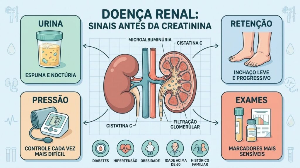 Urina, inchaço, pressão e exames sensíveis ajudam a detectar lesão renal.