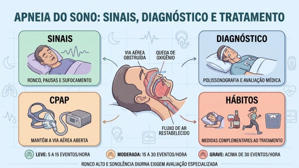 Sinais, diagnóstico, CPAP e hábitos orientam o tratamento da apneia do sono.