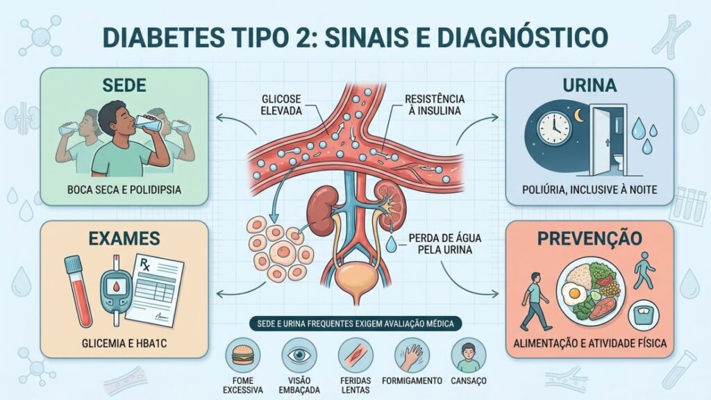 Sede, urina frequente, exames e hábitos orientam o cuidado com diabetes.
