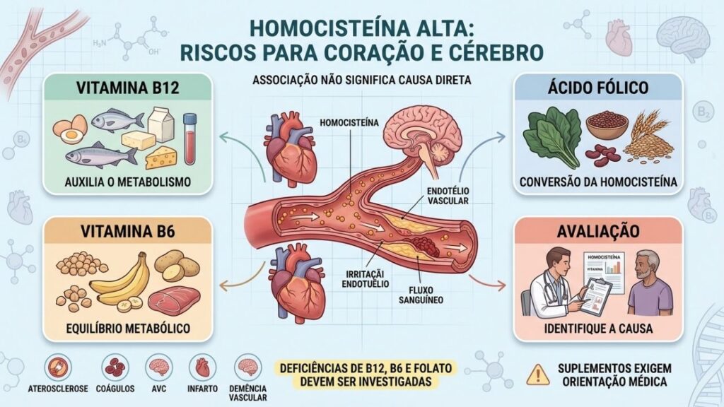 Vitaminas, metabolismo, avaliação e riscos vasculares explicam a elevação da homocisteína.
