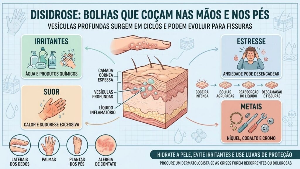 Irritantes, estresse, suor e metais favorecem crises recorrentes de disidrose.