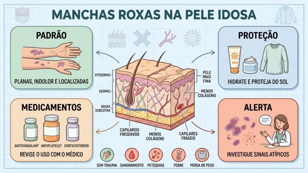Padrão, proteção, medicamentos e alertas orientam o cuidado com a pele idosa.