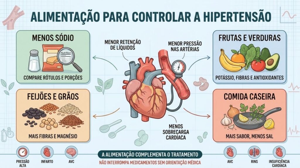 Menos sódio, alimentos frescos e comida caseira apoiam o tratamento da hipertensão.