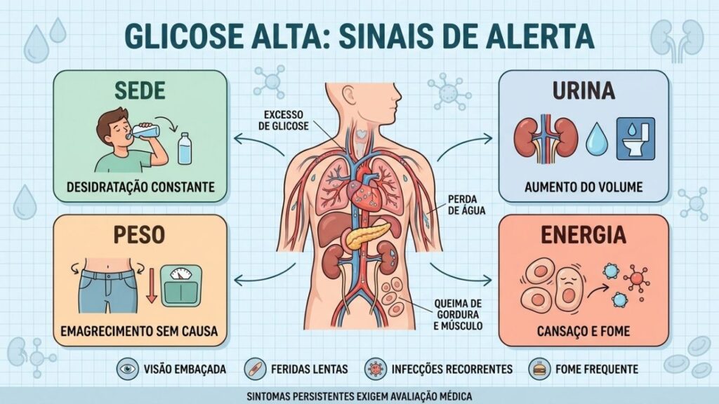 Quatro sinais explicam como a glicose alta afeta hidratação, peso e energia.