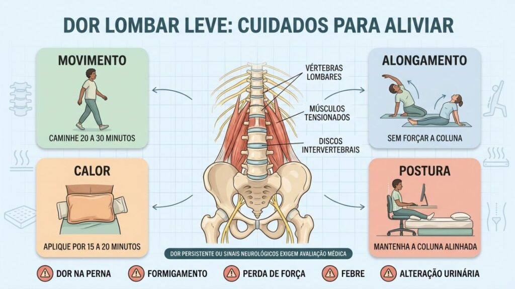 Movimento, alongamento, calor e postura formam quatro pilares para aliviar a lombalgia.