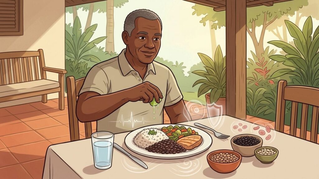 Arroz e feijão combinam energia estável, saciedade e proteína vegetal complementar.